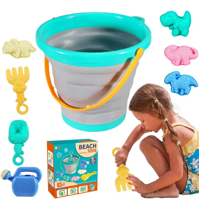 Foldable Bucket Beach Toys Outdoor Play Sand Summer Toy Set Bright Colors Play Sand Toy For Lake Beach Garden Swimming Pool Back