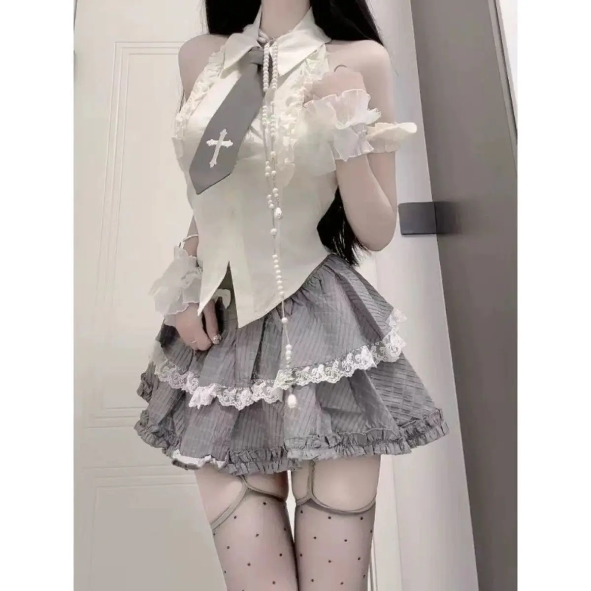 Sweet Spicy Cute College Style JK Uniform Design Sense Hollow Out Short Sleeved Shirt High Waisted Cake Fluffy Skirt for Women