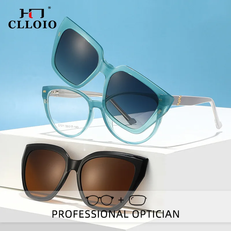 CLLOIO Magnet 3-in-1 Clip Anti Blue Light Women Myopia Glasses Driving Polarized TR90 Progressive Prescription Reading Glasses