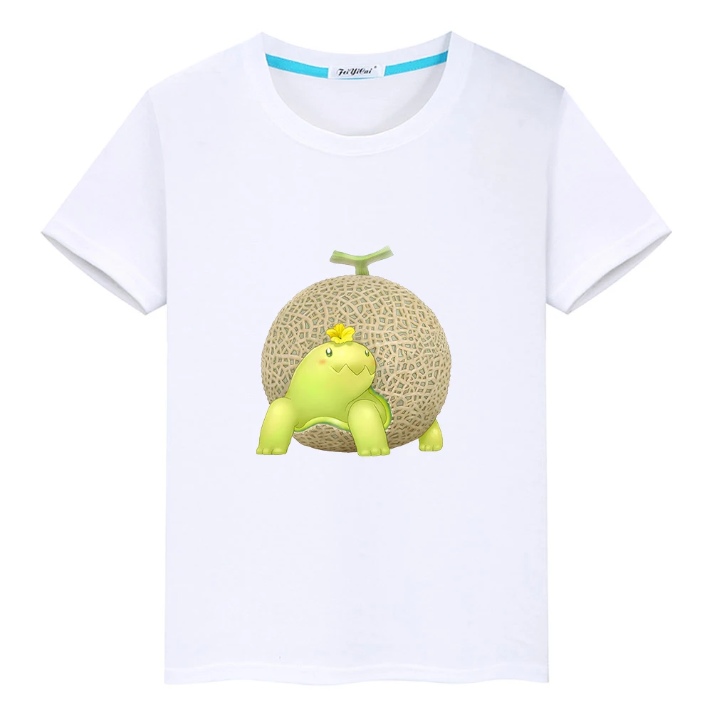 Camiseta de manga corta para niños y niñas, camisa 100% de algodón con estampado gráfico de dibujos animados Kawaii, hada vegetal, tortuga y melón