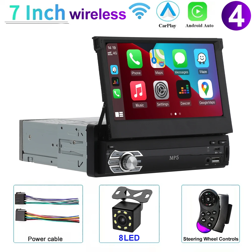 Universele 1 Din MP5-speler 7 inch Carplay Android Auto Handleiding Automatisch intrekbaar touchscreen Autospeler FM-radio Spiegellink