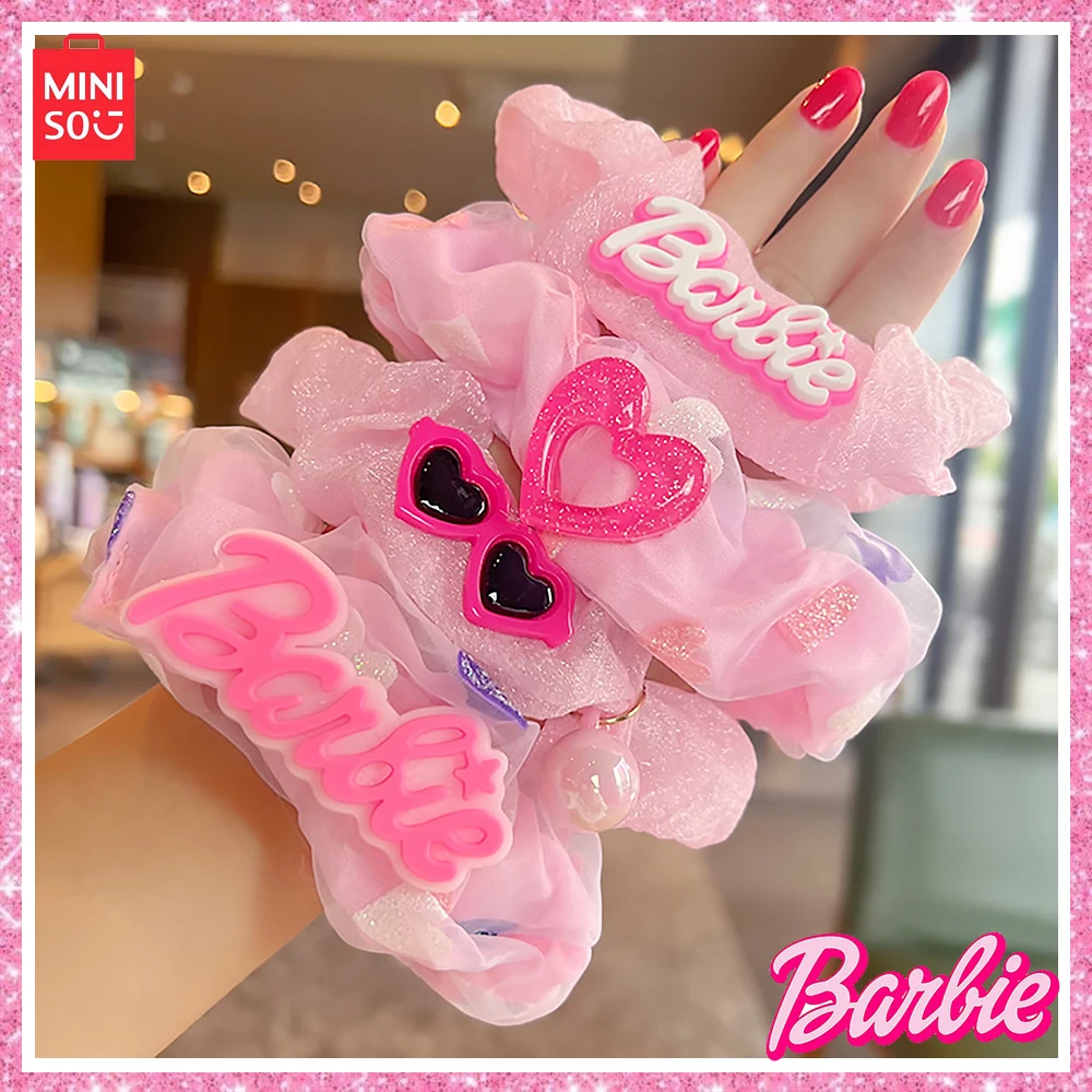 Miniso Barbie Pink Autumn Winter 4-Pcs Dopamine Colorful Sweet Cool Y2K Girl Large Plush Large Intestine Hair Ring Headwear Gift