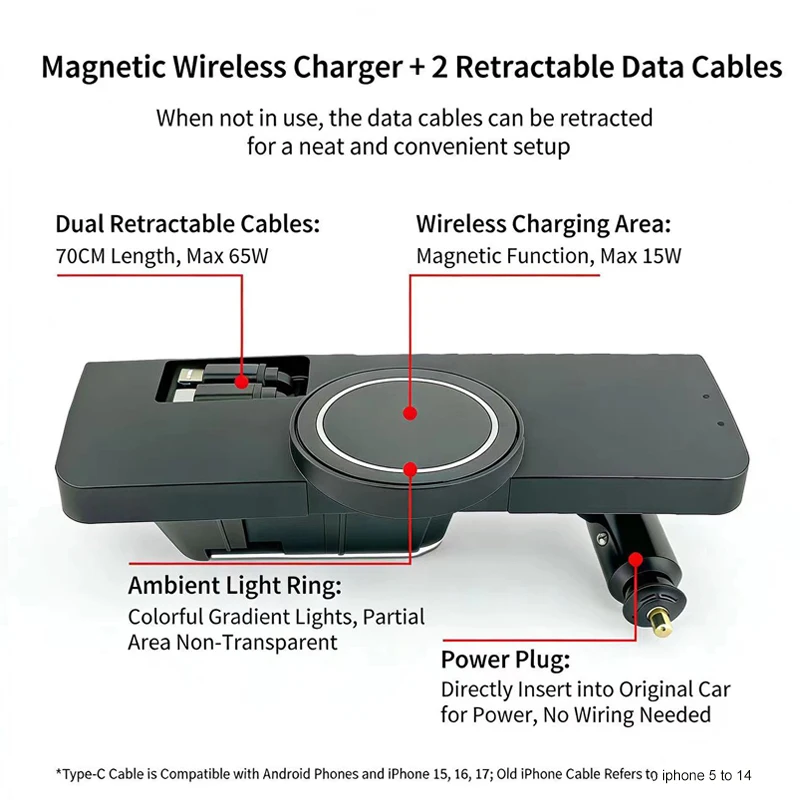 Magnetic Wireless Charger For Audi Q5 A4L A5 S4 S5 RS4 RS5 Dual Retractable Charging Cable B8 65W Fast Charging Plug and Play