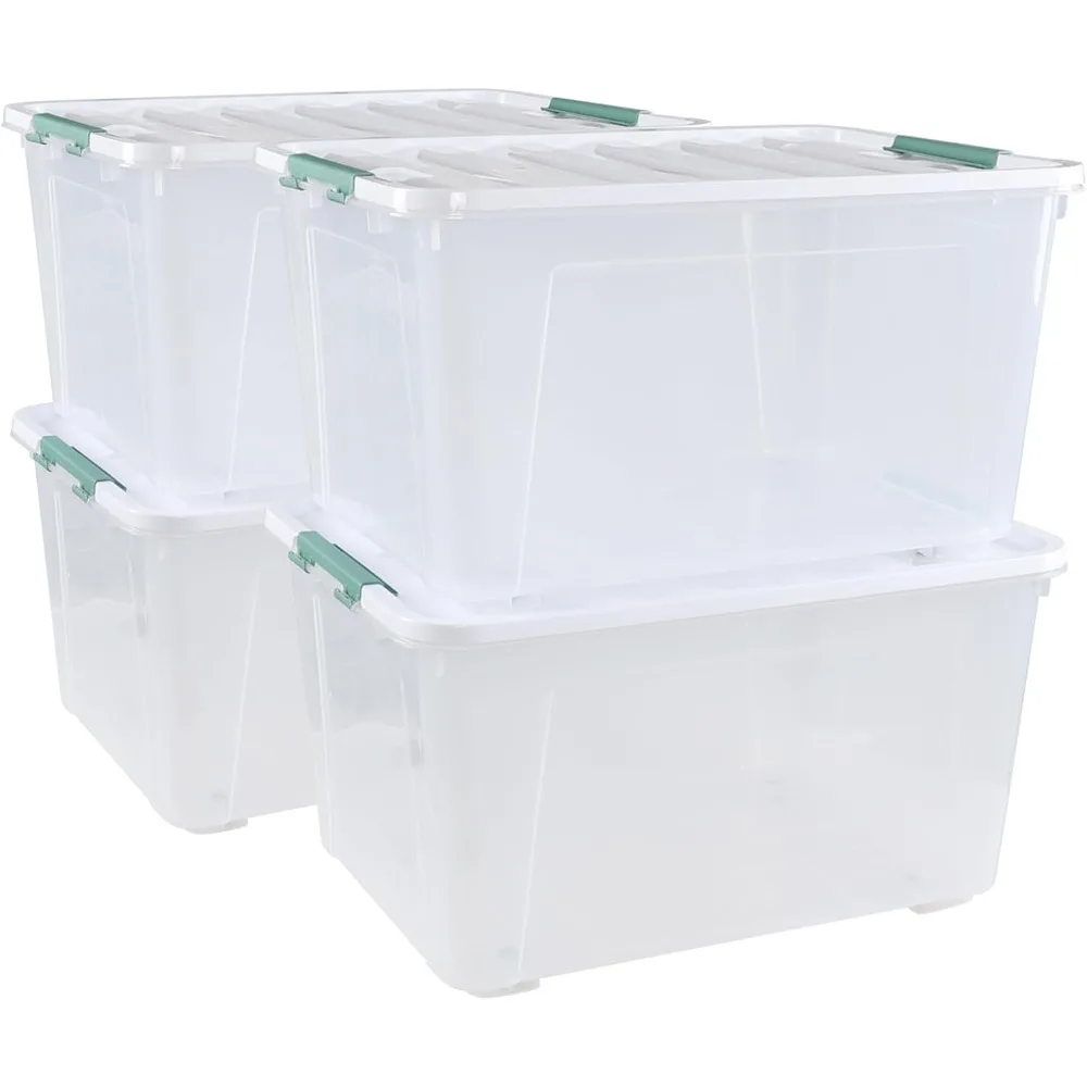صناديق تخزين بلاستيكية كبيرة مع أغطية، 4 عبوات من حقائب تخزين شفافة بعجلات مع مقبض مزلاج