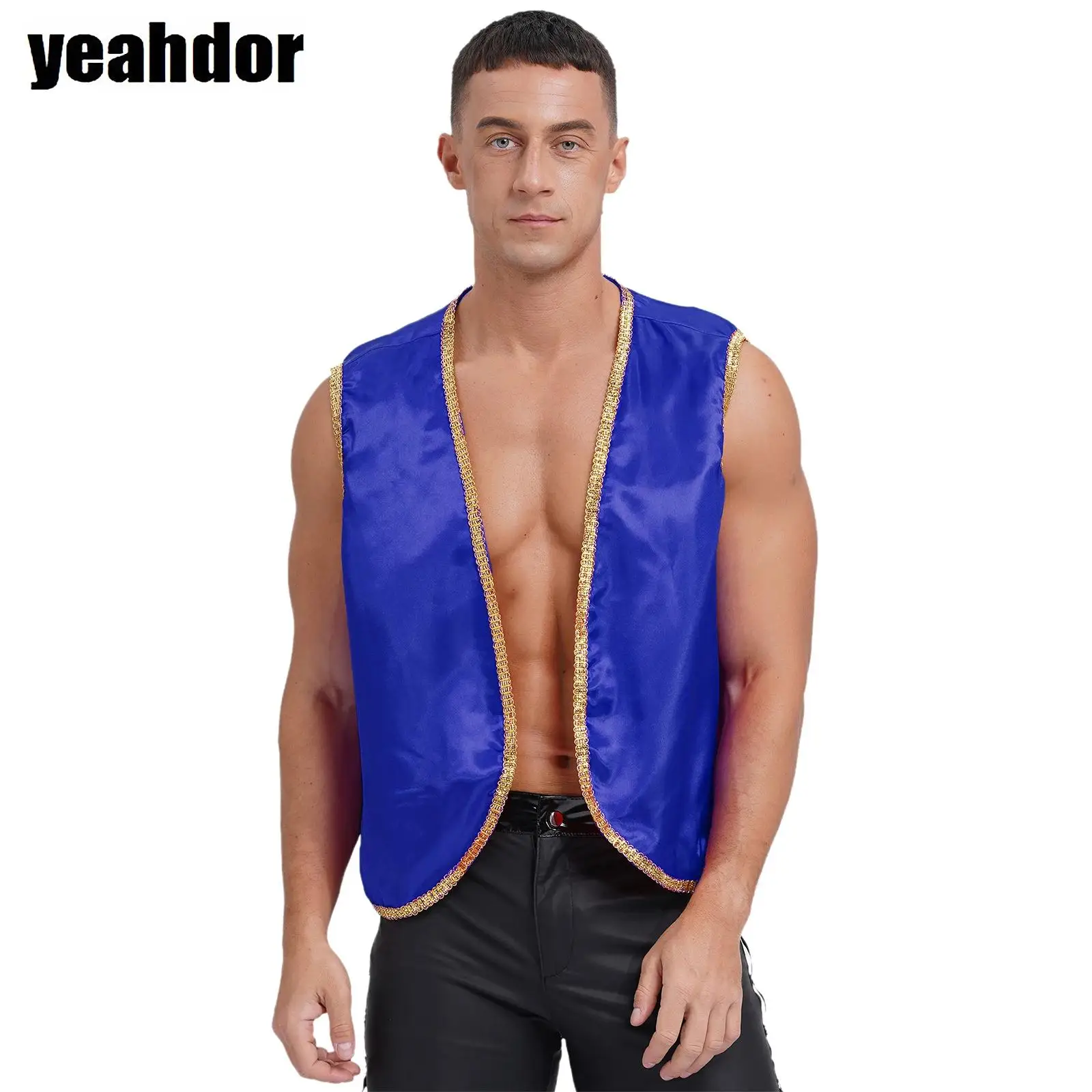 

Men Arabian Prince Vest Shiny Stain Waistcoat Gold Trim Open Front Jackets for Halloween Carnival Indian Arabian Cosplay Costume