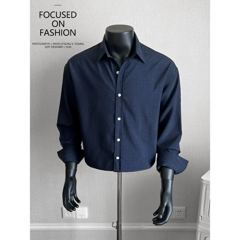

2026 New Navy Blue Textured Men's Long Sleeved Shirt High Quality Casual Business Formal Shirt Loose Streetwear Men's Clothing