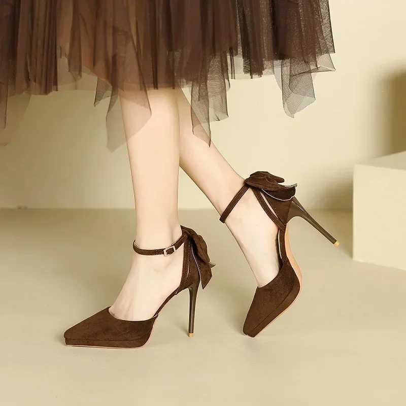 

Туфли, женские туфли-лодочки на высоком каблуке с полым бантом, весна-осень, новые модельные туфли на тонком каблуке с острым носком, обувь на платформе с пряжкой на щиколотке
