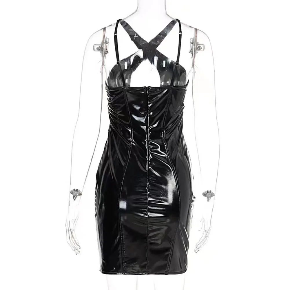 

Club Womens Bodycon Dress Female Patent Leather Backless Breathable Regular Sleeveless Slight Strech Solid Color