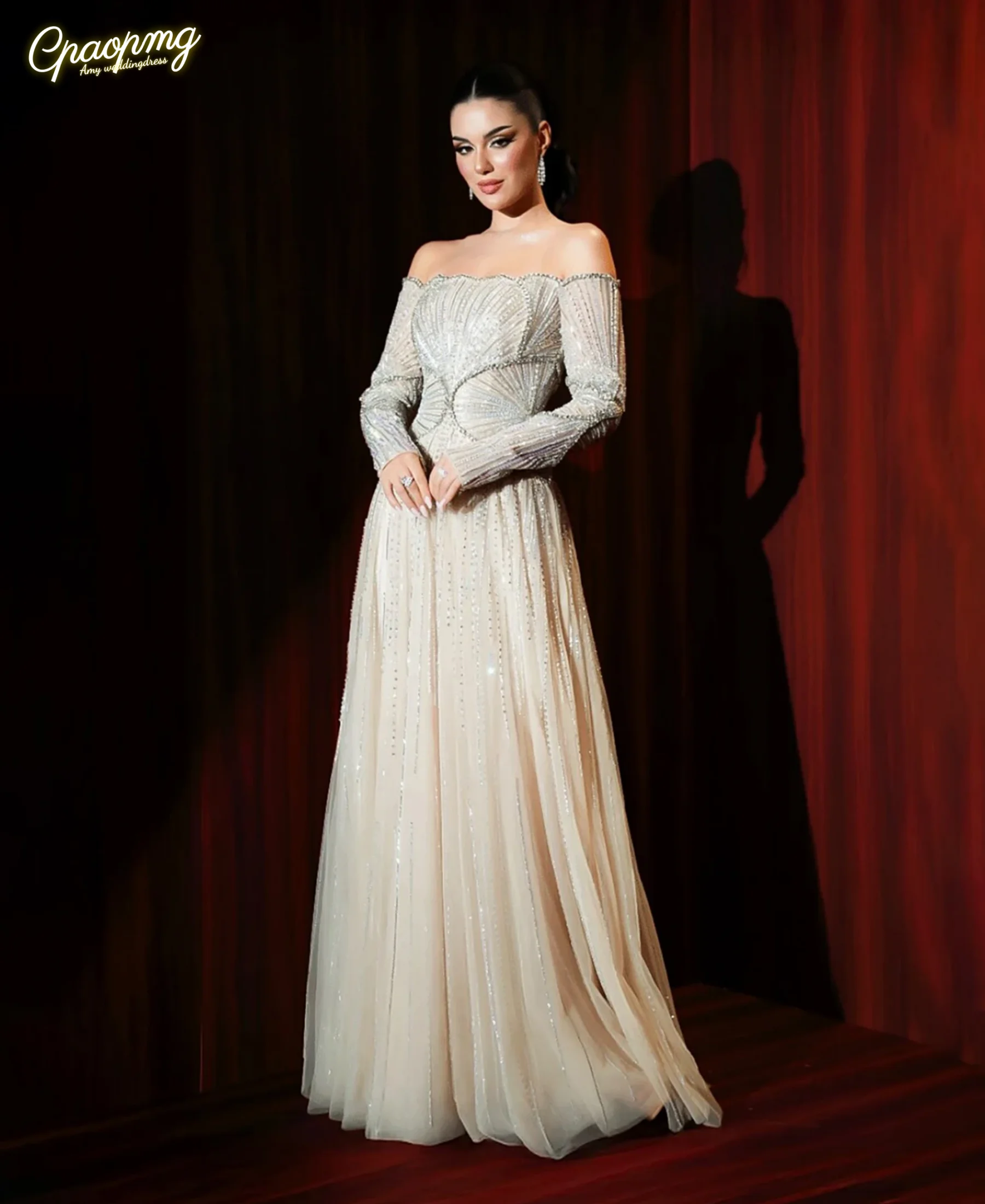 Aangepaste beige luxe kralen A-lijn avondjurk off-shoulder dames bruiloft feestjurk