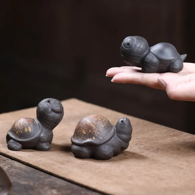 1PC Purple Clay Lucky Golden Back Cute Cartoon Turtle Figurine Creative Tea Play Kung Fu Tea Set Home Table Decor Accessory Gift