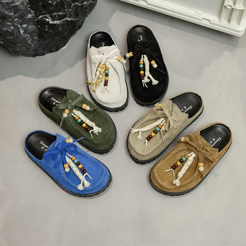 Women's Genuine Leather Non-Slip Half Slippers - Retro Casual Fit