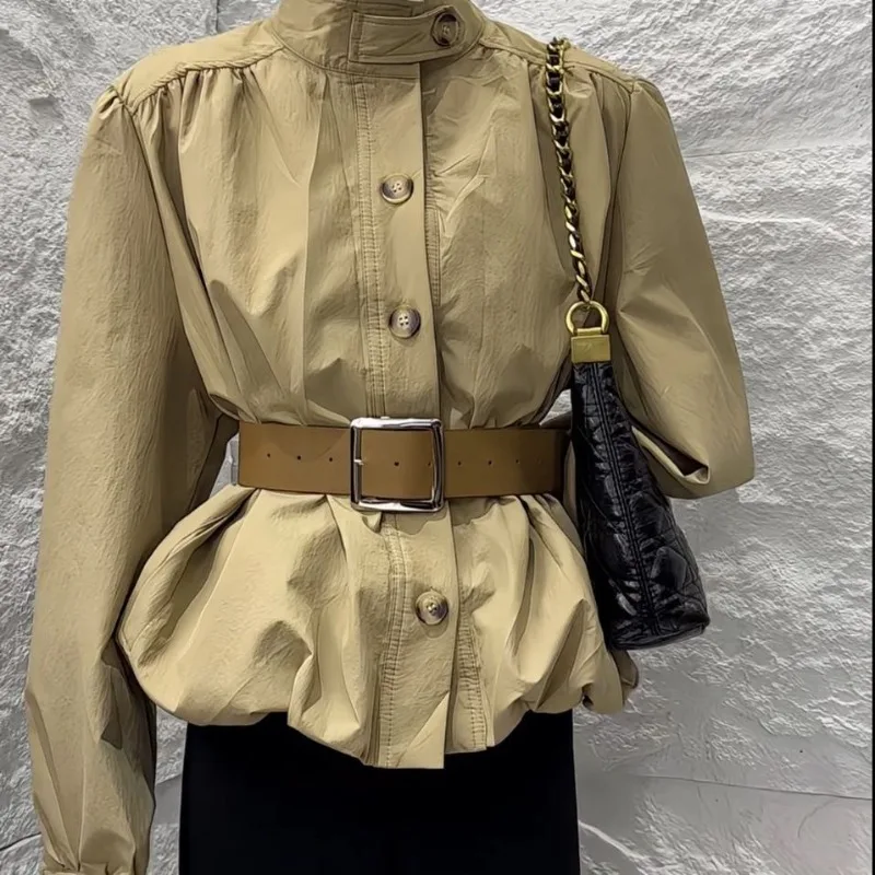 

Blouse Coat Trench Coat Women's Autumn Designer Style Stand Collar Puff Sleeves Cropped Length Fitted Waist New Minimalist Niche