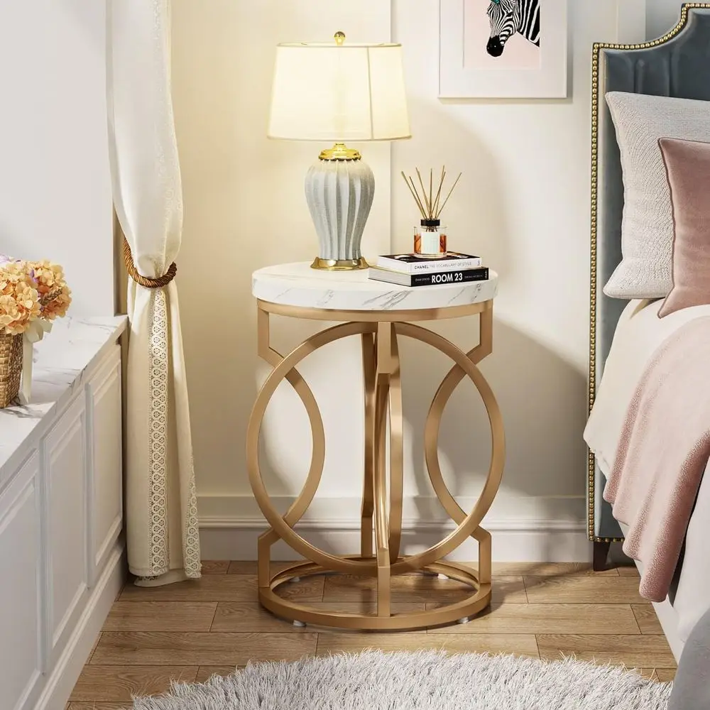 

20-Inch Gold Accent Table with Marble White Wood Top and O-Shaped Base for Living Room, Bedroom, or Nightstand