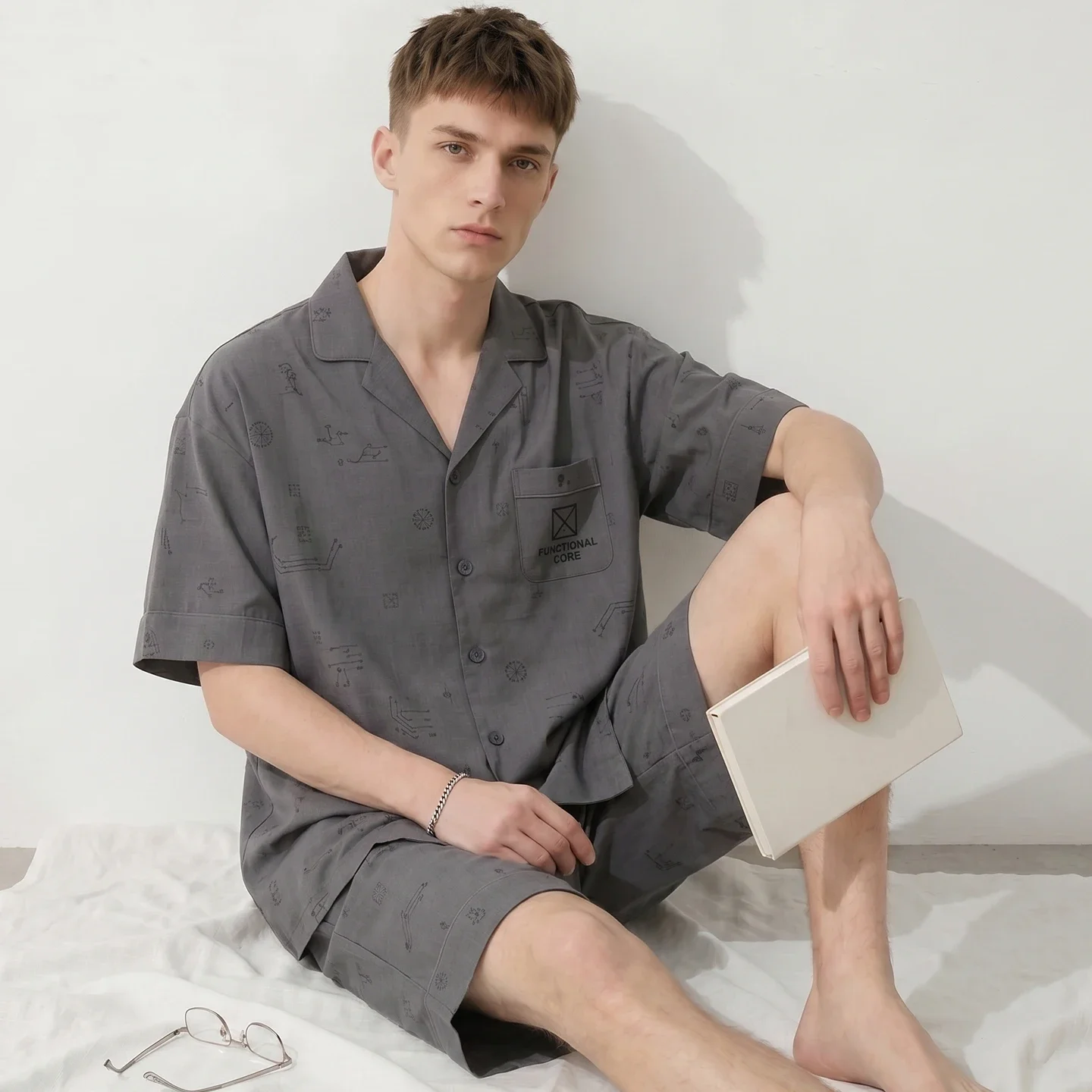 100% Cotton Men's Fashion Summer New Pajama Set Lapel Cardigan Casual Short-Sleeve Top and Shorts Two-Piece Set Soft Loungewear