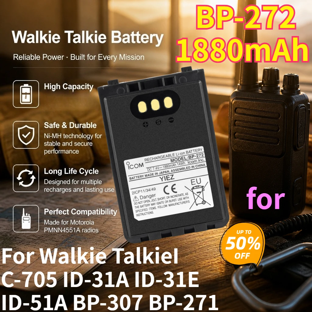 Walkie Talkie Batteries BP-272 1880mAh 7.4V 14Wh Battery for Walkie Talkie IC-705 ID-31A ID-31E ID-51A BP-307 BP-271