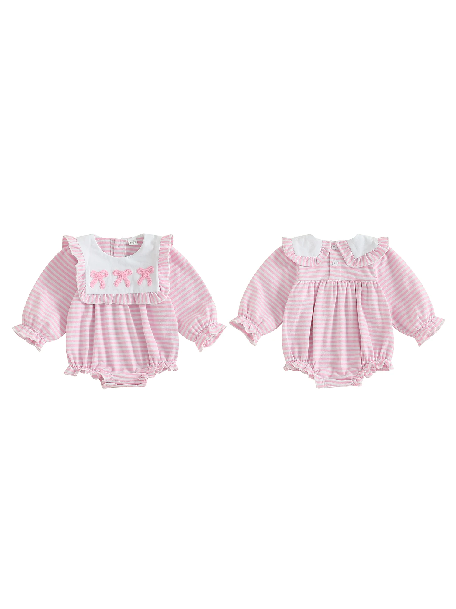 

Toddler Girl Autumn Bubble Romper with Striped Print and Long Sleeves Featuring a Doll Collar Bow Embroidery and Cute