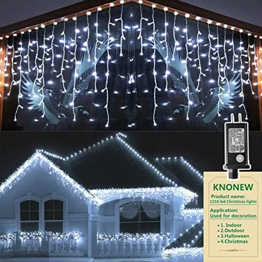 99Feet 1216 LED Christmas Lights Outdoor Decorations 8 Modes White Curtain String Light with 228 Drops Clear Wire LED String Li