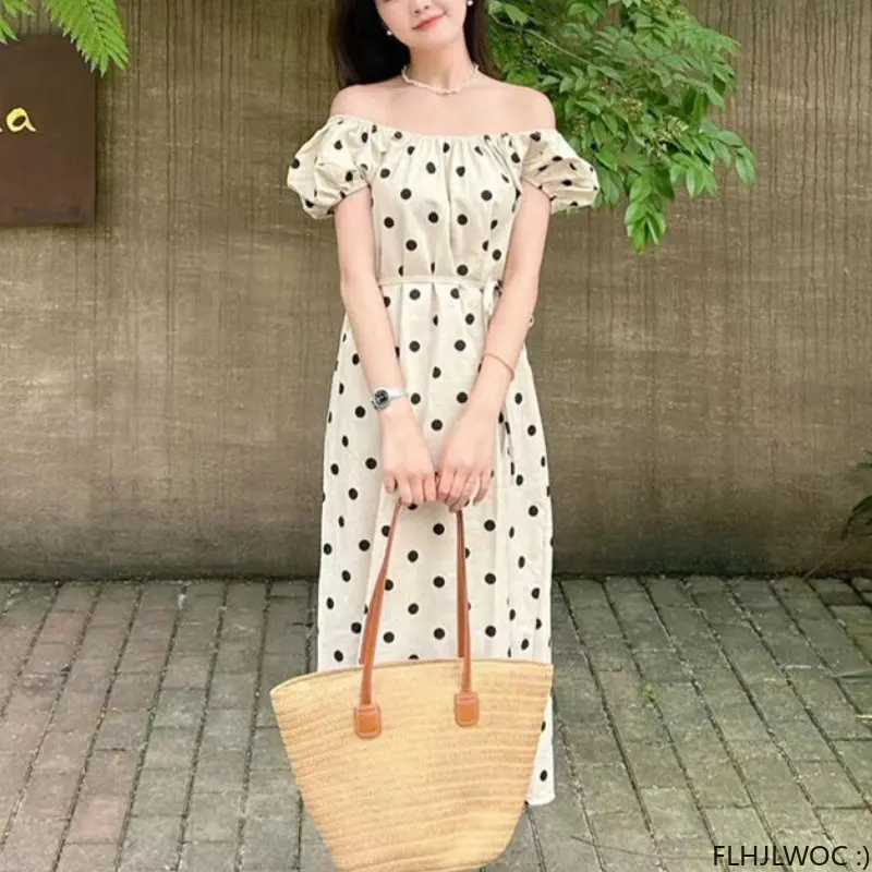 Chic Korea Fashion Clothes 2023 Summer Women Retro Vintage Puff Sleeve Dot Casual Loose Long Dress FLHJLWOC