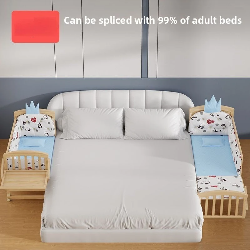 Crib Splicing Large Bed Solid Wood Unpainted Eco-Friendly Mobile Baby Cradle Newborn Multifunctional Children's Sleeping Bed