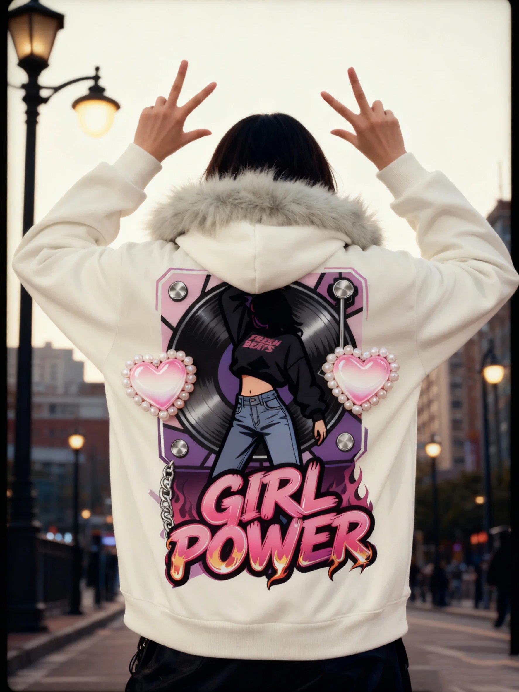 

Women's Fur Collar Anime Print Hoodie - Pearl Heart Embellished Zipper, Girl Power Y2K Streetwear Regular Fit for Spring Autumn