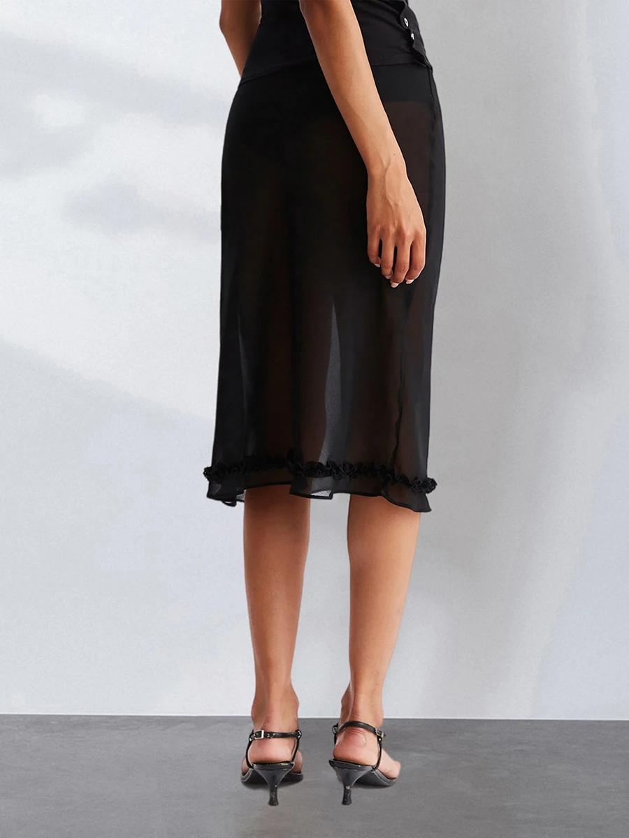 Women's Midi Skirt See Through Low Rise Ruffled Hem Dot Pattern White and Black Sheer Skirt