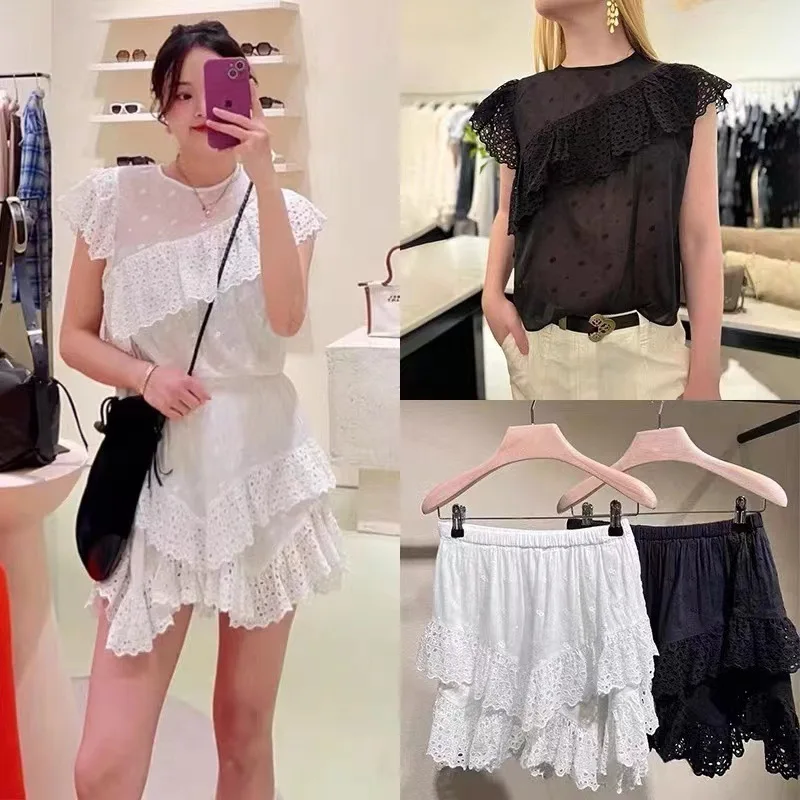 

French Sle Sweet Hollow out Embroidery round Ne Skirt Pants Set High Waist Spring Summer New Arrival Women's Faion Ense...