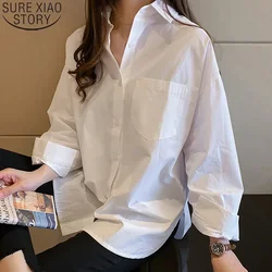 Blusa larga de algodón para mujer, camisa informal holgada de manga larga con carácter, color blanco, 13038