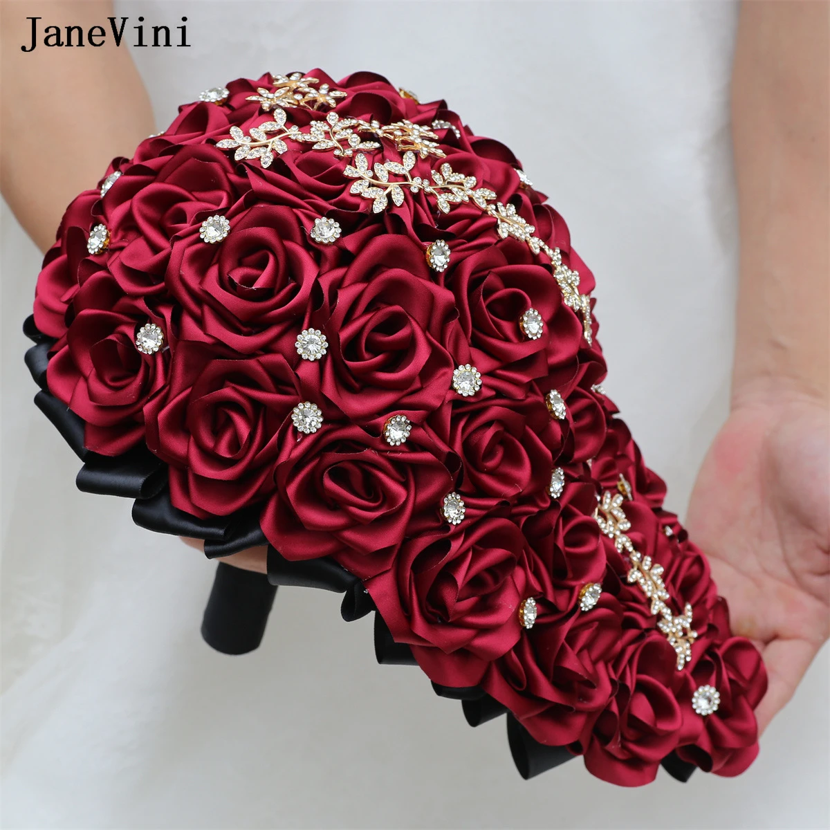 JaneVini New Customized Luxury Burgundy Cascading Flowers Waterfall Bridal Bouquets Ribbon Roses Crystals Wedding Brooch Bouquet