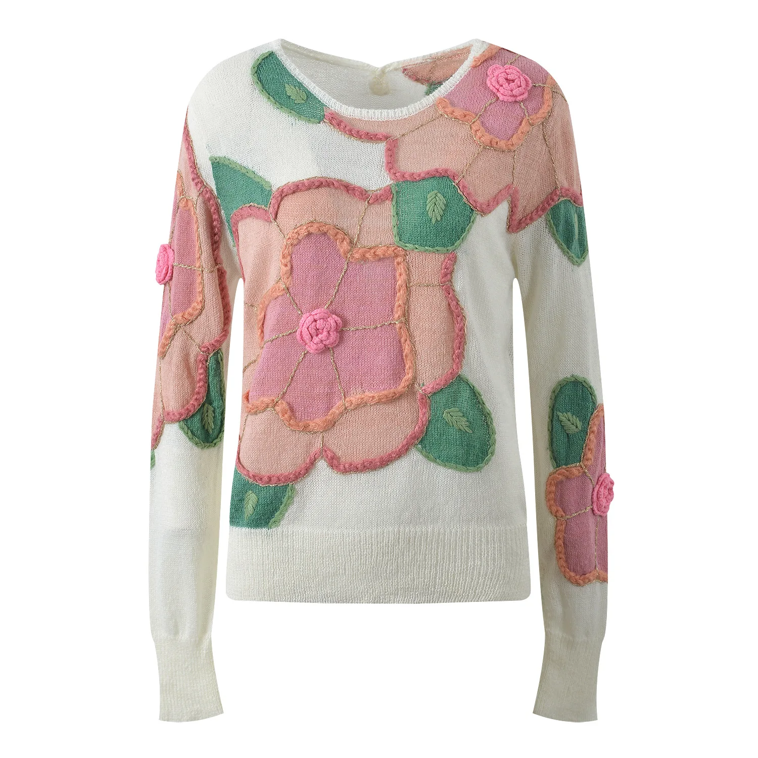 سترة نسائية منسوجة بلون الأزهار من Ele Sweet طويلة Sve مستديرة Ne ناعمة ومريحة ومتعددة الاستخدامات للخريف والشتاء