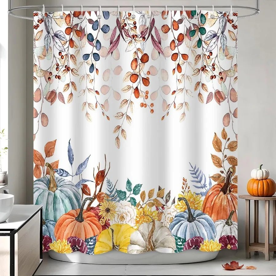 

Осенняя занавеска для душа, тыква, листья эвкалипта, тематическая занавеска для душа для ванной комнаты, День благодарения, акварель, тыква, растение, цветочная ванна