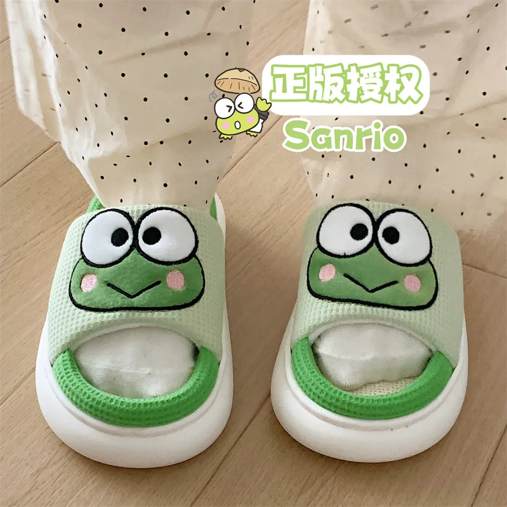 Sanrios Anime Kero Kero Keroppi Flax Slippers Summer Non-Slip Home Bath Slippers Beach EVA Flat Shoes Parent Child Slippers