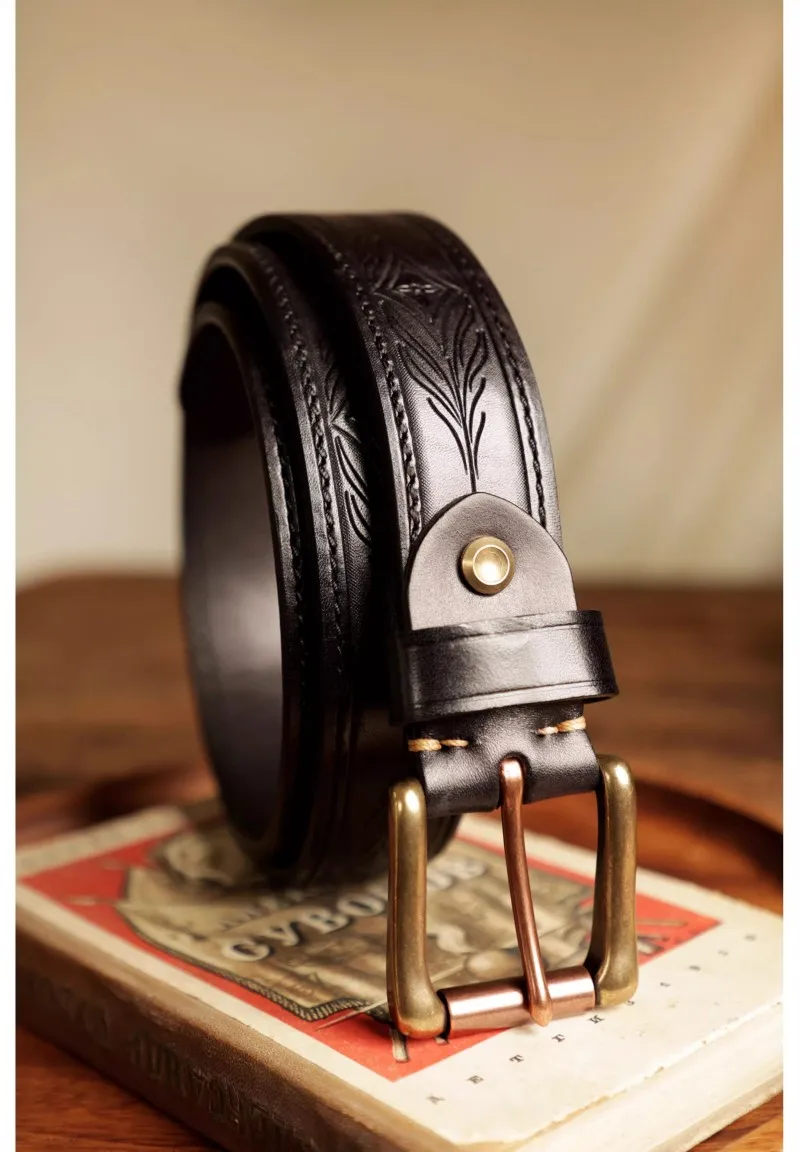 Herren-Jeansgürtel aus echtem Leder, lässig für jeden Tag, handgefertigt, 1,37 Zoll, geschnitzter amerikanischer Mode-Retro-Ledergürtel mit Geschenkbox – Detail 26