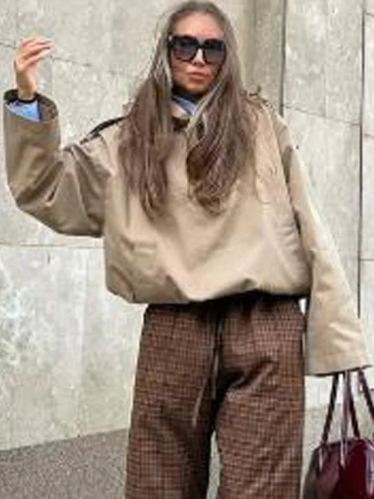 

Khaki Hooded Half-zip Oversized Windbreaker Chic Women Casual Long Sleeve Pullover Outerwear 2026 Spring Daily Streetwear Jacket