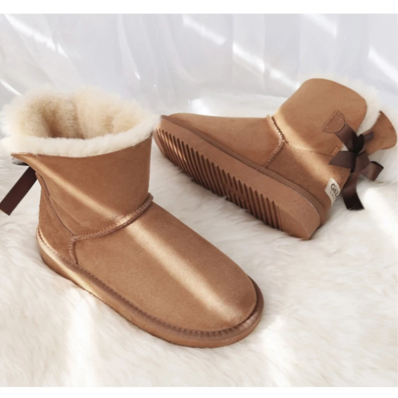 G&Zaco Luxury Real Wool Sweet Bow Snow Boots Women 2023 Genuine Sheepskin Boots Sheep Fur Winter Flat Girl Shoes