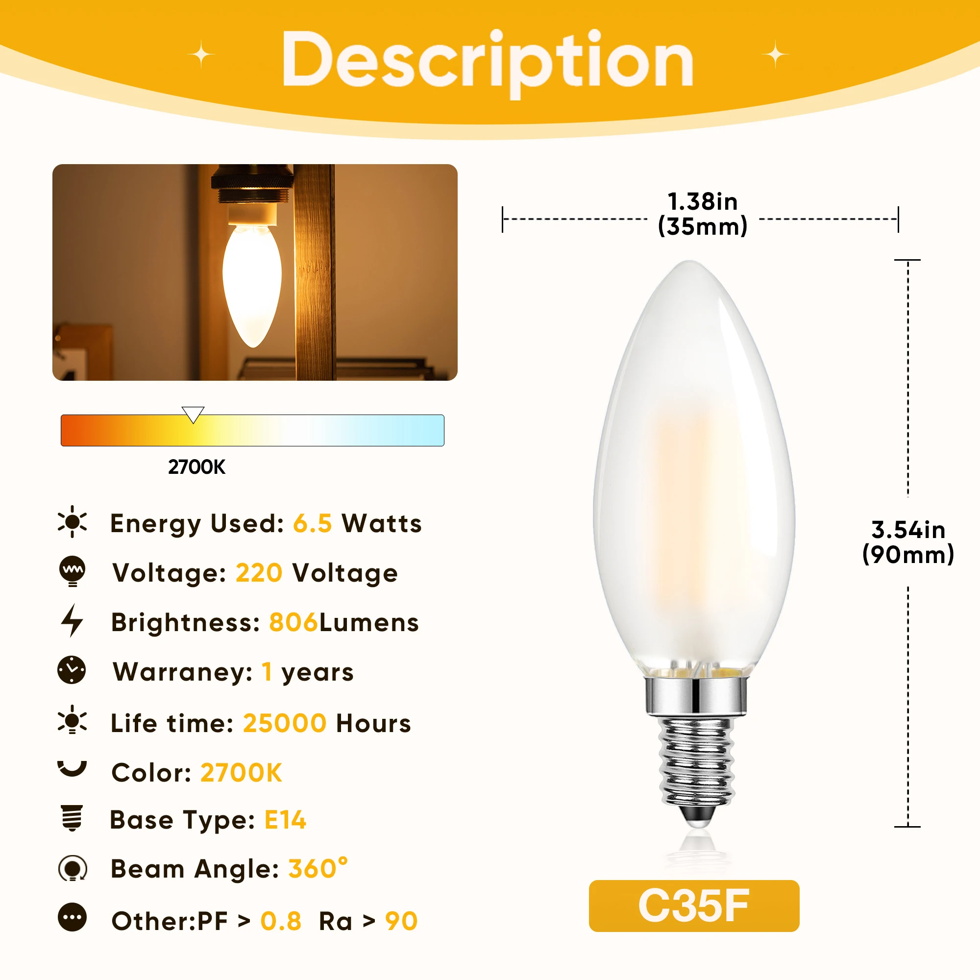 Luz de vela E14 C35, bombilla Led, atenuador, 220V, 6,5 W, 806LM, Edison, 75W, equivalente, candelabro, Luces de decoración de glaseado Retro