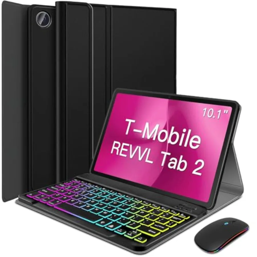 

Чехол-клавиатура с подсветкой для T-Mobile REVVL Tab 2 10.1 дюйма 2025: беспроводная съемная клавиатура с радужной подсветкой и покрытием из искусственной кожи
