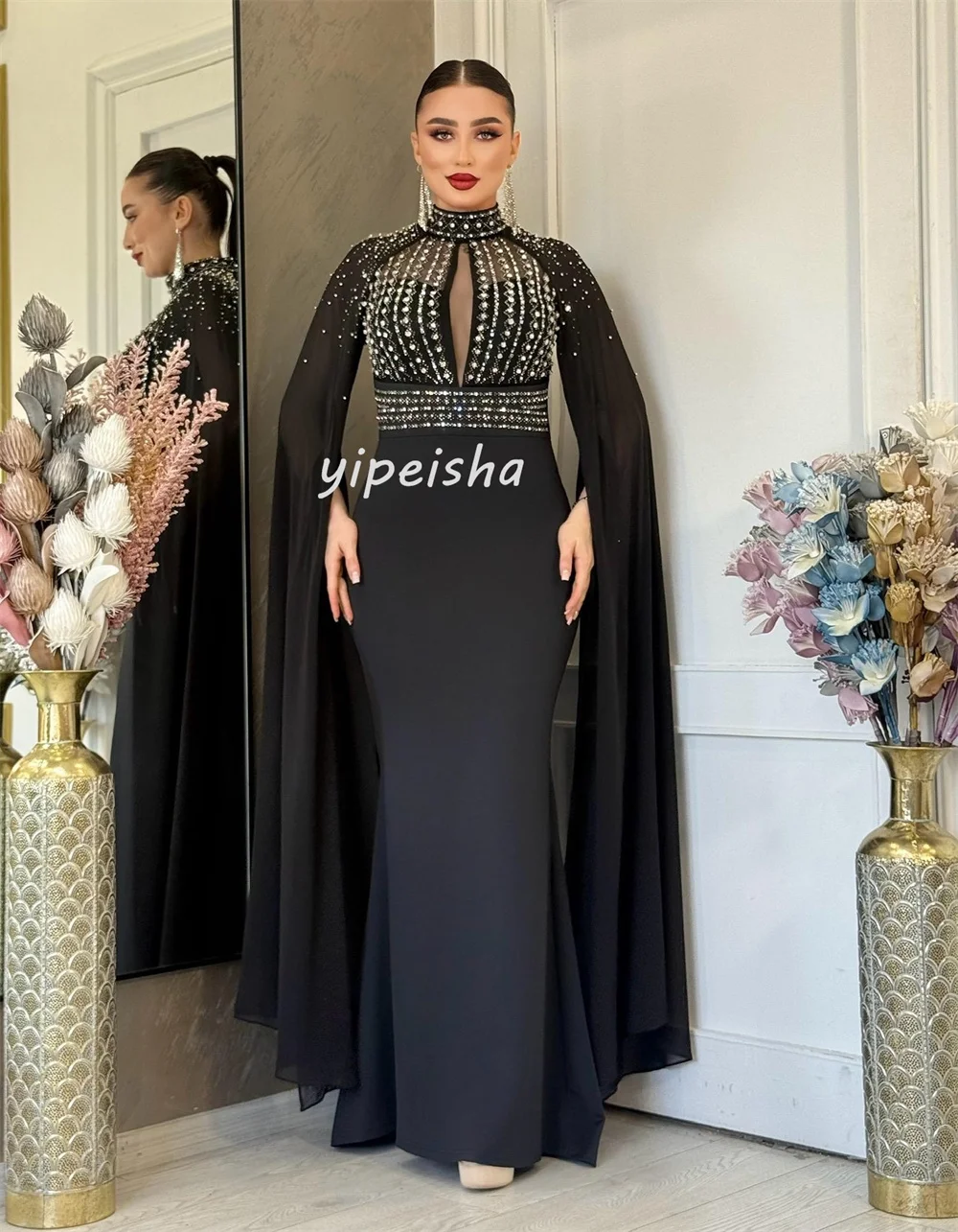 Индивидуальные замысловатые блестящие трикотажные платья со стразами и складками Русалка с высоким воротником Длинные платья на заказ Высокое качество Сексуальные платья