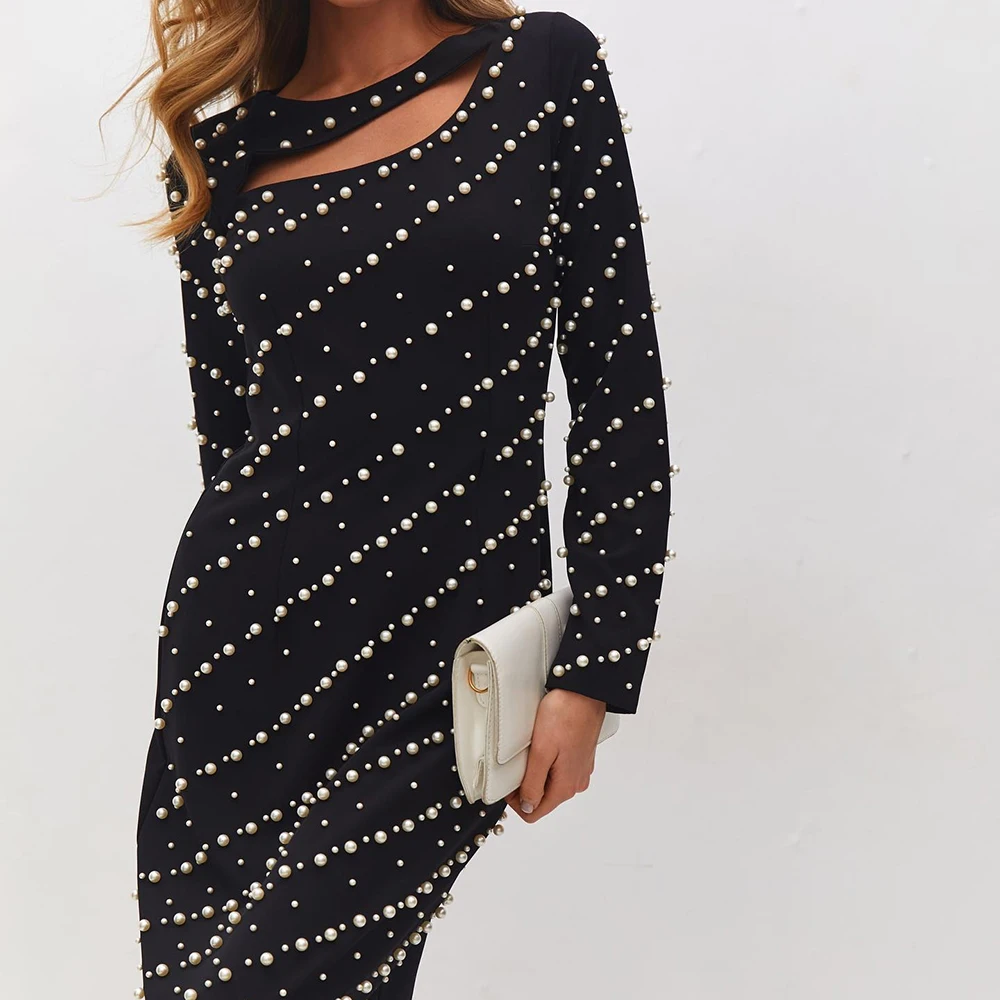 Maßgeschneiderte gerade Abendkleider, knöchellang, U-Ausschnitt, volle Ärmel, Abendkleid, schlicht, modisch, mit Perlen verziert, exquisites Partykleid