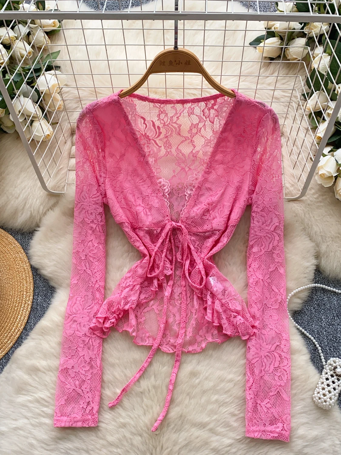 

Lace Tops Woman 2025 New Mesh Tie Blouse Slim Sexy Lace-Up Hollow Out Top Fashion Summer Chic Elegant Women'S Shirt Cardigan Top