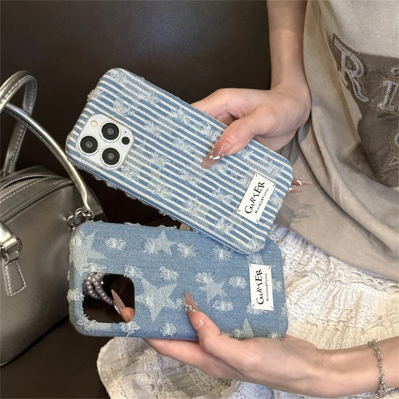 Korean Denim Embroidered Stars Phone Case For iPhone 16 Pro 14 13