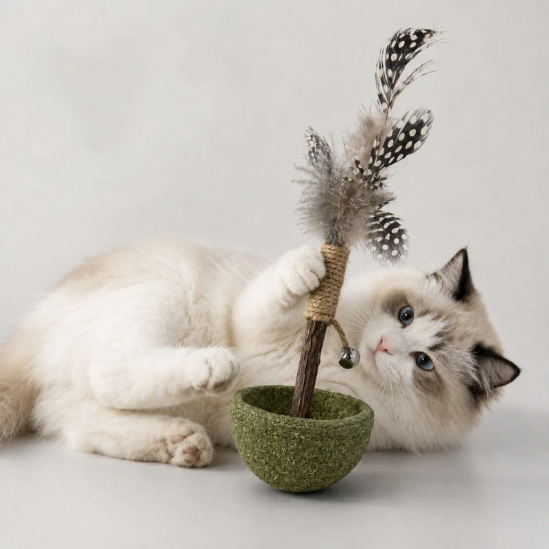 Catnip Tumbler Cat Toy Wooden Feather Teaser Stick with Bell Natural Matatabi Chew Toy Self Play Relief Boredom Interactive Kitt - view 4