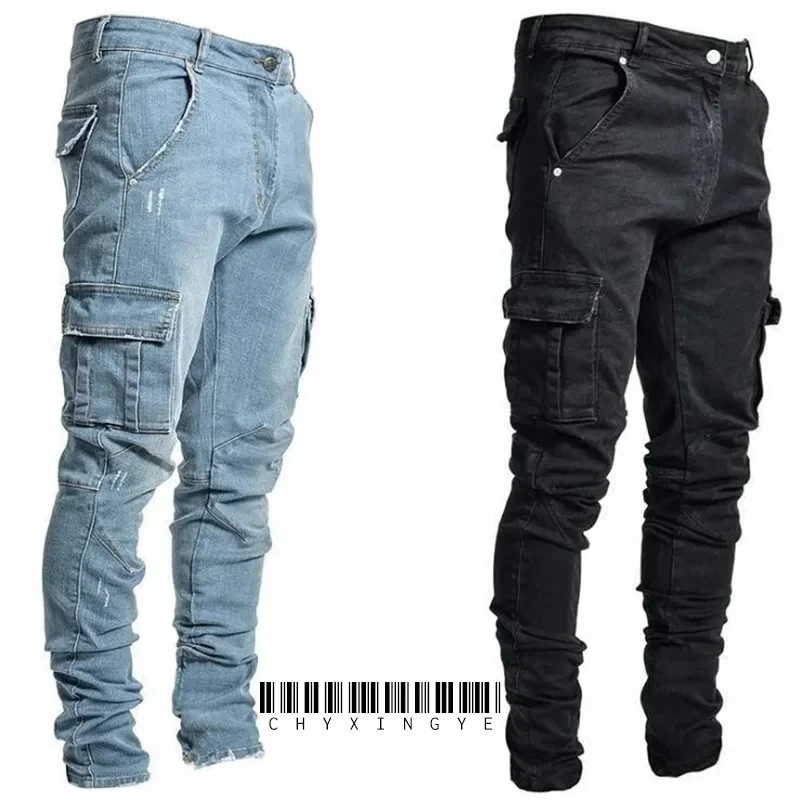 Street Elastic Jeans Men Denim Cargo Pants Wash Solid Color Multi Pockets Casual Mid Waist Trousers Slim Fit Daily Wear Joggers