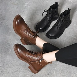 2022 Winter New Round Head Low Coarse Heel Soft Sole Boots Plush Women's British Retro Lace Up Shoes Casual Comfortable and Warm