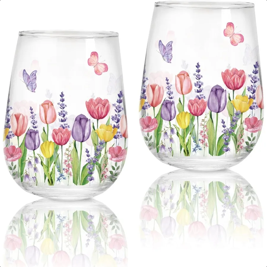 

2Pcs Spring Summer Stemless Wine Glasses 17oz Tulip Lavender Butterfly Drinking Glasses Watercolor Tumbler Cups for Spring Summ