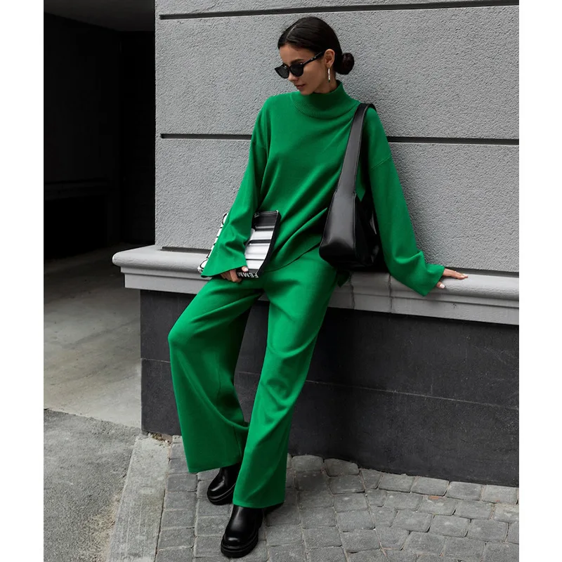 Half High Neck Sweater 2024 Ins Irregular Beveled Sweater+Knitted Wide Leg Pants Two-Piece Set