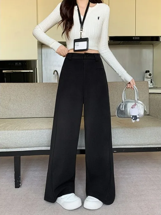 

Retro plus Size Women's Suit Pants High Waist Thi Warm Woolen Long Trousers Autumn Winter Faion Korean Sle Straight Leg