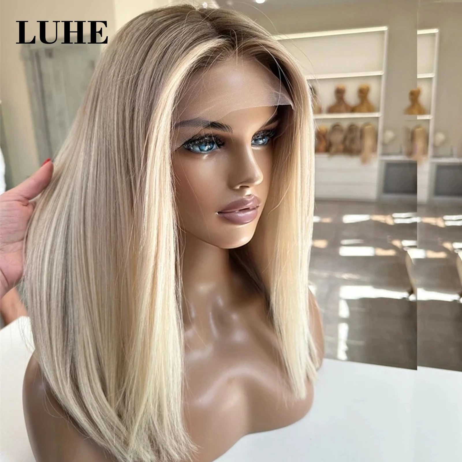 Ombre Ash Blonde Highlight Synthetic Hair Wigs For Women Short Straight Bob Lace Front Wig With Brown Root 13x3 Lace Frontal Wig