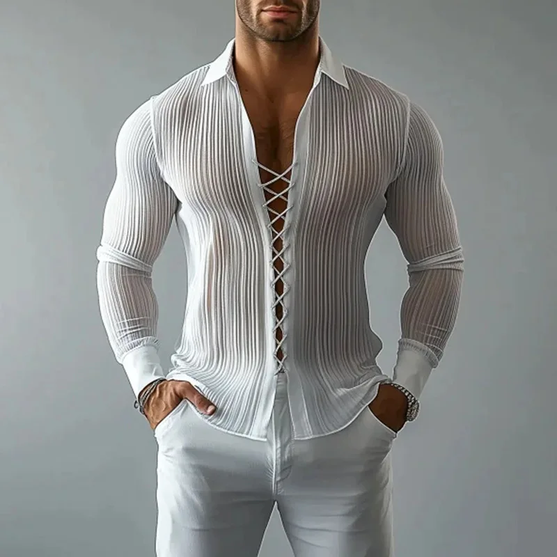 2026 Autumn and Winter New European and American Men's Lapel Strap Design Shirt Hollow Ascetic Style Textured Men's Shirt