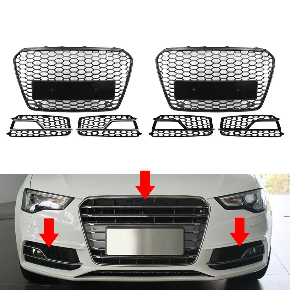 Front-Wabengrill Nebelscheinwerfergitter 3-teiliges Set für Audi A5 S5 Sport 2013 2014 2015 2016 2017 Nicht für RS5/RS/Standard-Stoßstange