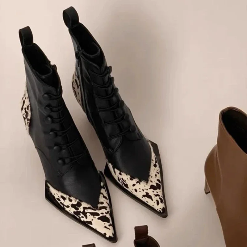 2024 New Fashion Pointed Thick Heel Leopard Pattern Color Block Mid Heel Boots Personalized Side Zipper Mid Cap Boots